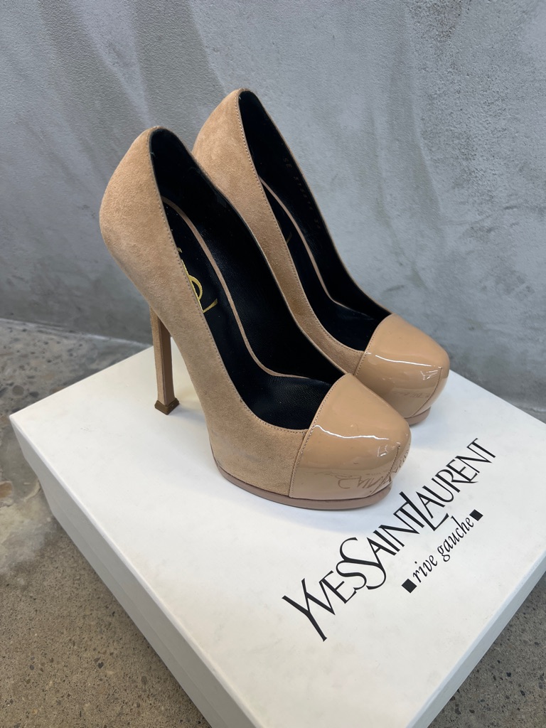 Saint Laurent Beige Suede Pumps With Nude Patent Cap Toe